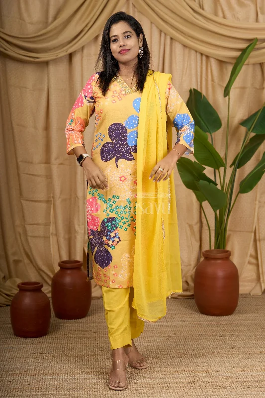 Women's Mustard Yellow Straight Suit Set with Multi-Color Floral Print and Mirrorwork Neckline