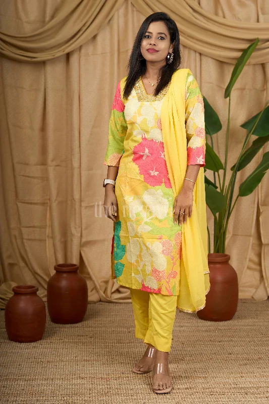 Women's Yellow Silk Blend Straight Suit Set with Bold Floral Print and Mirrorwork Neckline