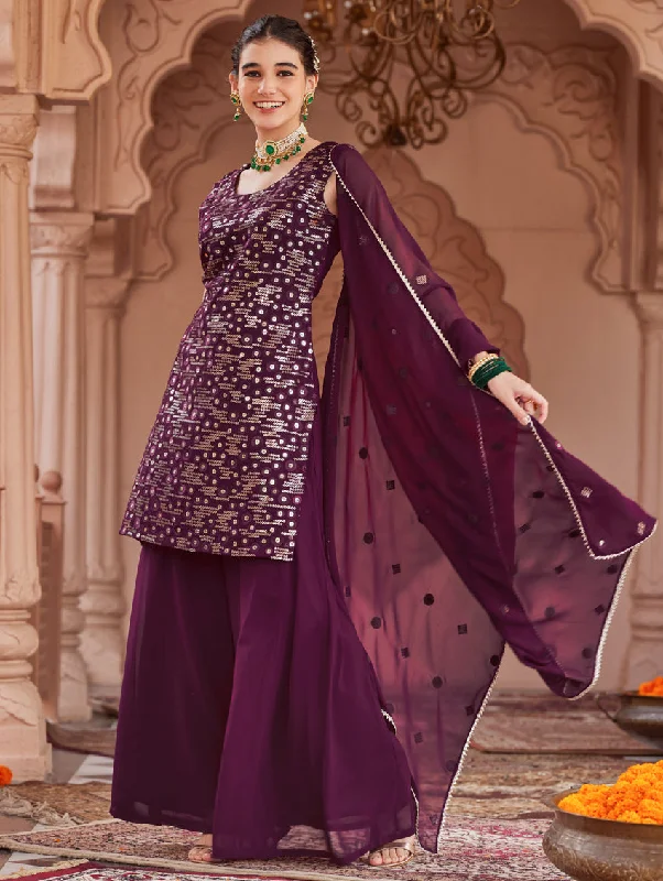 Sequence-Embroidered Georgette Sharara Suit Set 3954