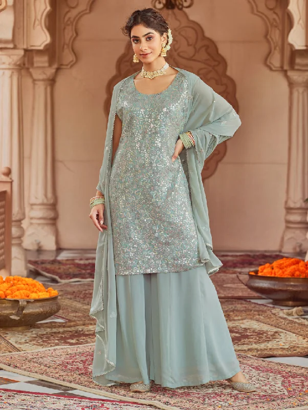 Sequence-Embroidered Georgette Sharara Suit Set 3957