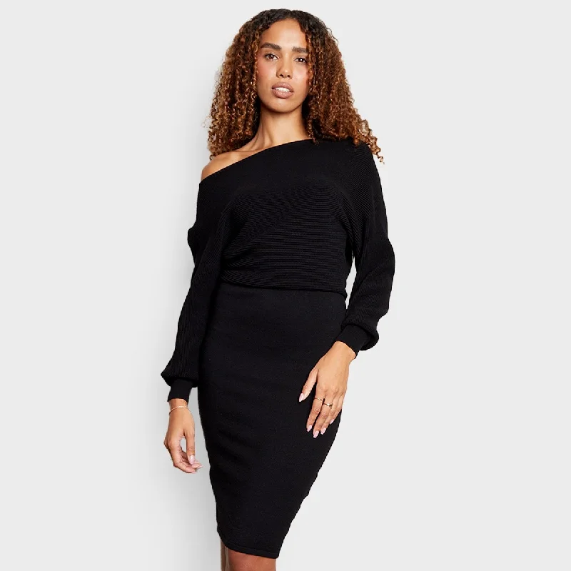 Threadbare Ladies Slash Neck Knitted Midi Dress