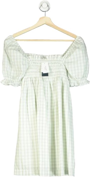 Abercrombie & Fitch Green Gingham Puff-sleeve Mini A-line Dress UK XXS