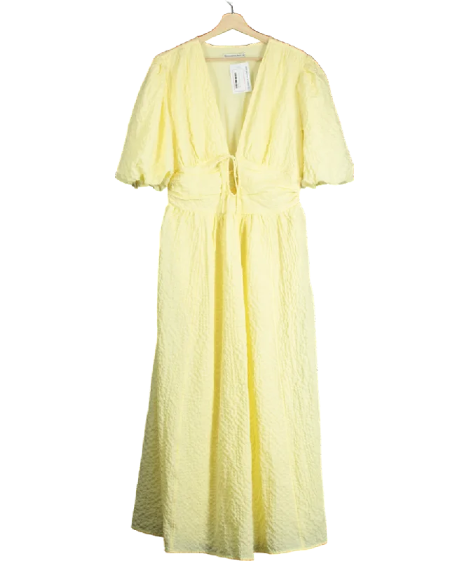 Abercrombie & Fitch Yellow Puff Sleeve Plunge Flowy Dress UK L