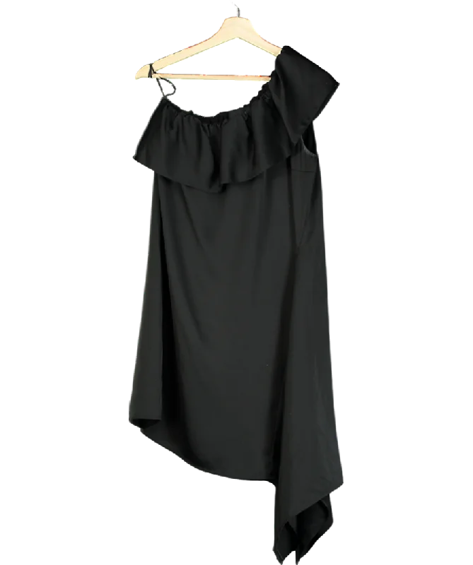 Designers Remix Black Frill One Shoulder Satin Mini Dress UK 6