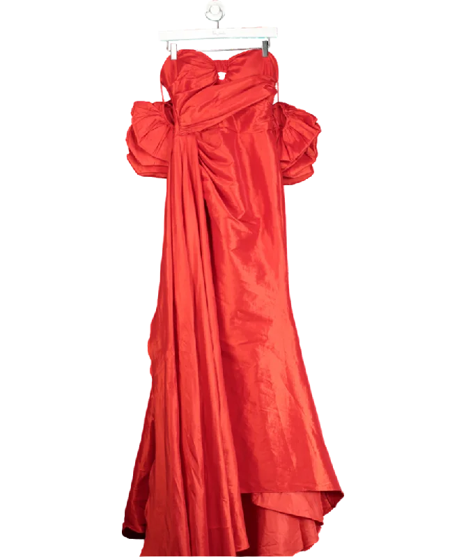 Smilprince Red Elegant Off-shoulder Puff Sleeve High Slit Sheath Long Dress UK XS