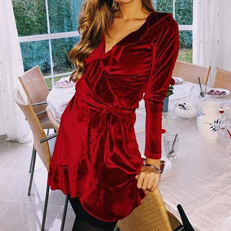 Chirstmas Red Velvet Ruffles Dress Sexy V-Neck Irregular Kimono Wrap Party Mini Dress Autumn Winter Women Long Sleeve Robe GV078