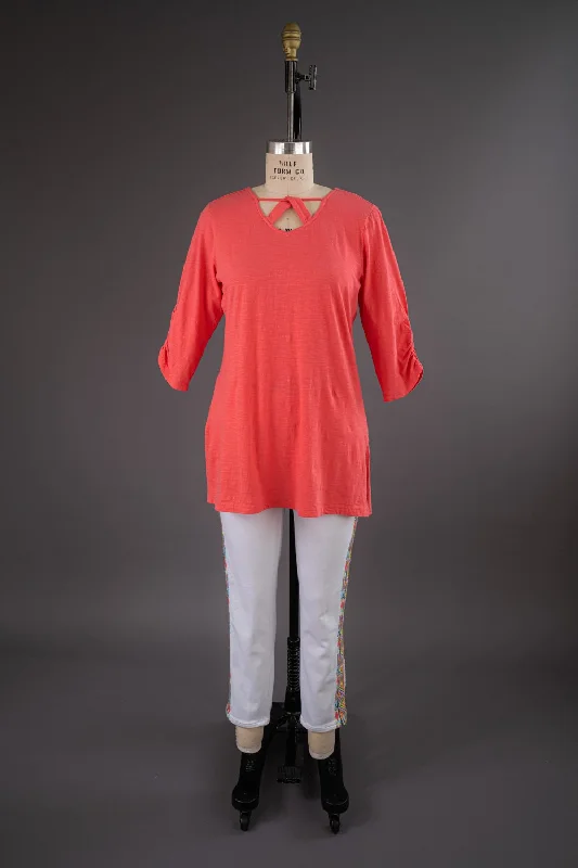 Coral Tunic With Front and Back Neck Detail.