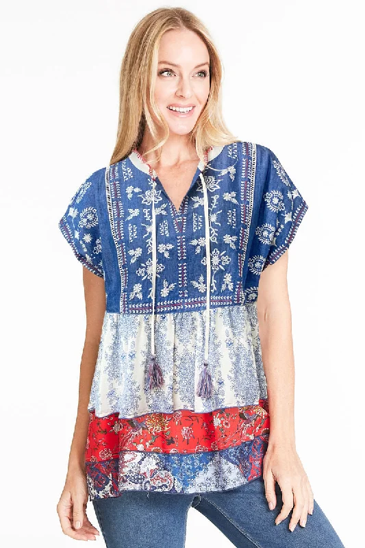 Blue, White & Red Ruffle Tiered Tunic