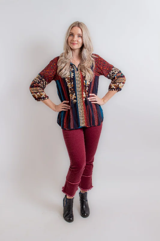 Embroidered Stripe Tassel Tie Tunic