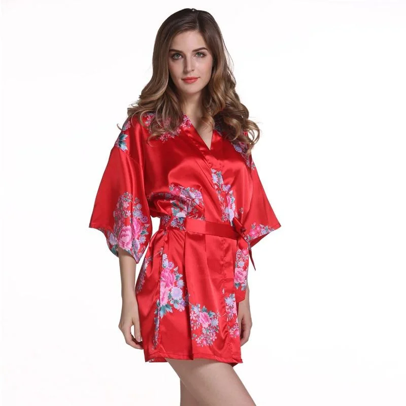 Red Plus Size Chinese Women's Satin Nightgown Short Robe Gown New Style Kimono Bathrobe Sexy Floral Night Dress Sleepwear M48