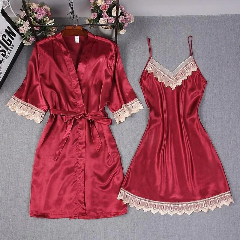 Red Women Lace Kimono Robe Set Lady Satin Bathrobe Bride Bridesmaid Wedding Robe Dress Gown Sexy Nightgown Sleepwear M L XL