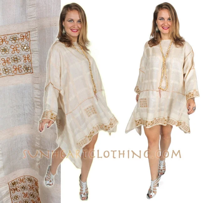 SunHeart Vintage Silk Embroidered Ivory Boho Tunic Top Sml-4x