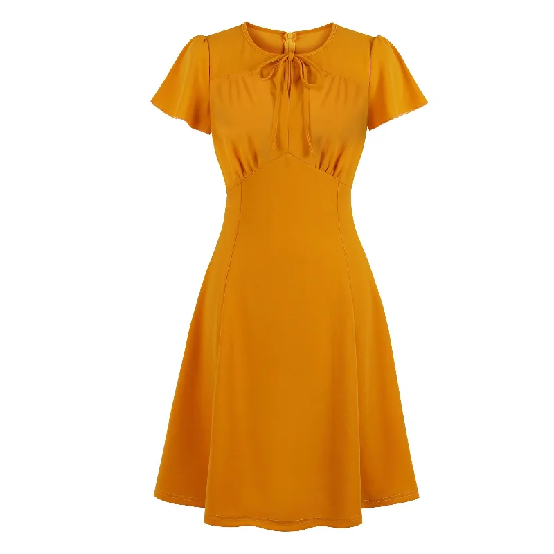 Vintage Dresses 50s 60s 40s 4xl Flare Sleeves Slit V Tie Neck Ruched Detail A Line Vintage Dress Yellow Mustard Elegant