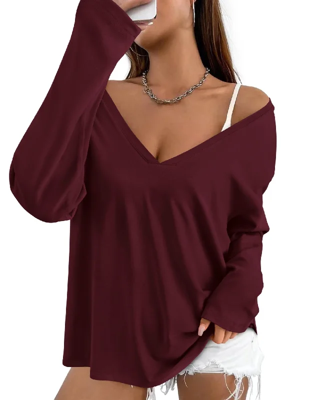 PRETTYGARDEN Women's Basic T Shirts Casual Long Sleeve V Neck Loose Fit Plain Tunic Tees Tops Blouse (Wine Red,Large)