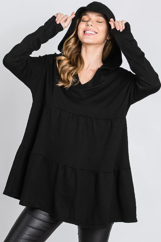 BLACK FRECH TERRY LONG SLEEVES TIERED TUNIC HOODIE TOP SO3321T